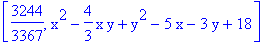 [3244/3367, x^2-4/3*x*y+y^2-5*x-3*y+18]